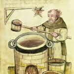 Vaření piva v pozdním středověku. Kolorovaná perokresba, 1437. Hausbücher der Mendelschen Zwölfbrüderstiftung, Stadtbibliothek Nürmberg, Amb. 317.2, fol. 125v.