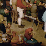 Přelévání piva z velkého džbánu do menšího, z něhož se již přímo konzumovalo. Výřez z obrazu Selská svatba od Pietera Bruegela, 1567.