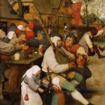 Venkovní posezení s muzikou a konzumací piva. Výřez z obrazu Selský tanec od Pietera Bruegela, 1568.