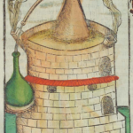 Pozdně středověké destilační zařízení. Liber pestilentialis de venenis epidimie [German] Pestbuch, oder Das buch der vergift der pestilentz, Wolfenbuttel 3.